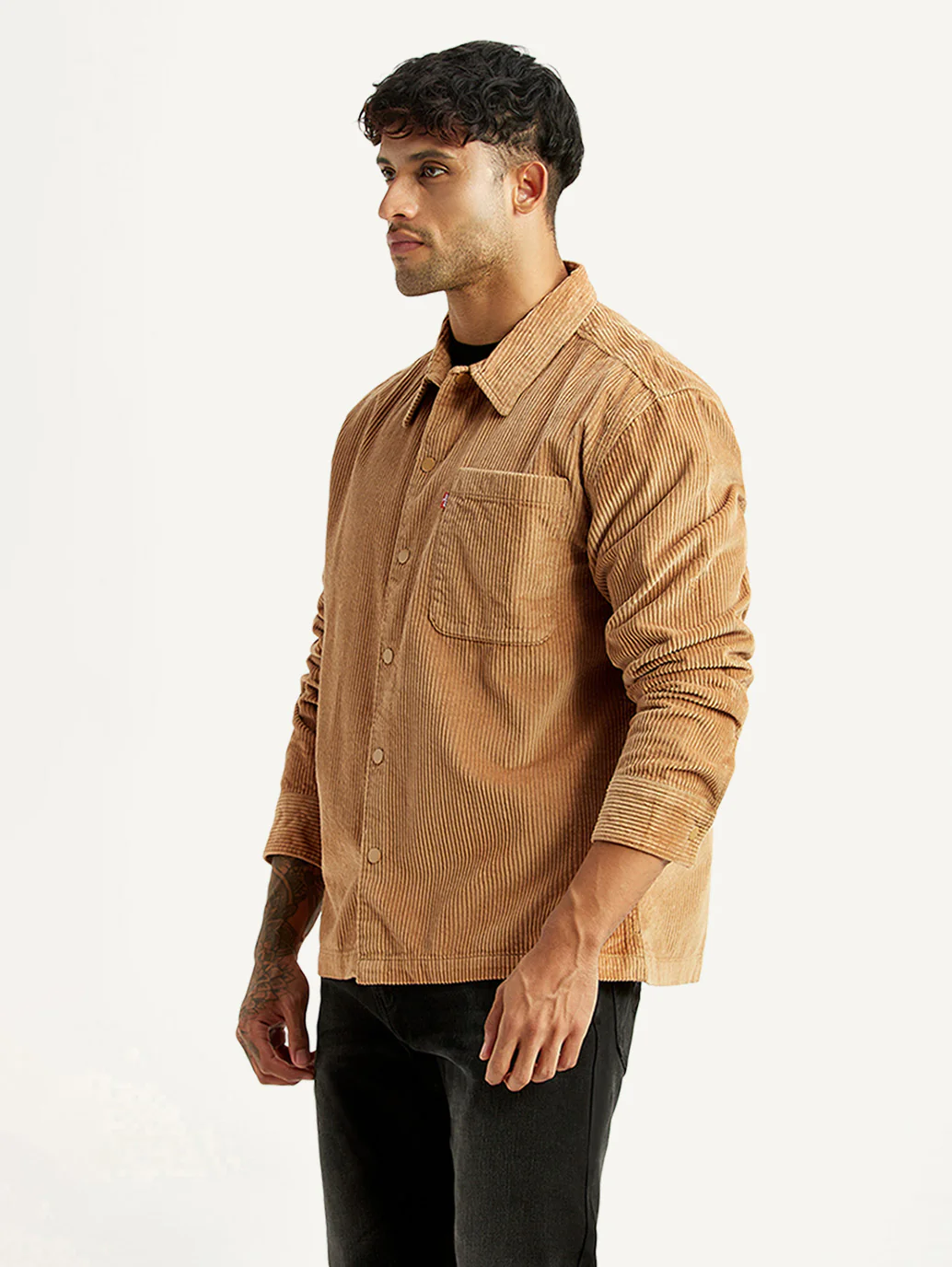 Men's Textured Tan Relaxed Fit Corduroy Shirt - Image 4