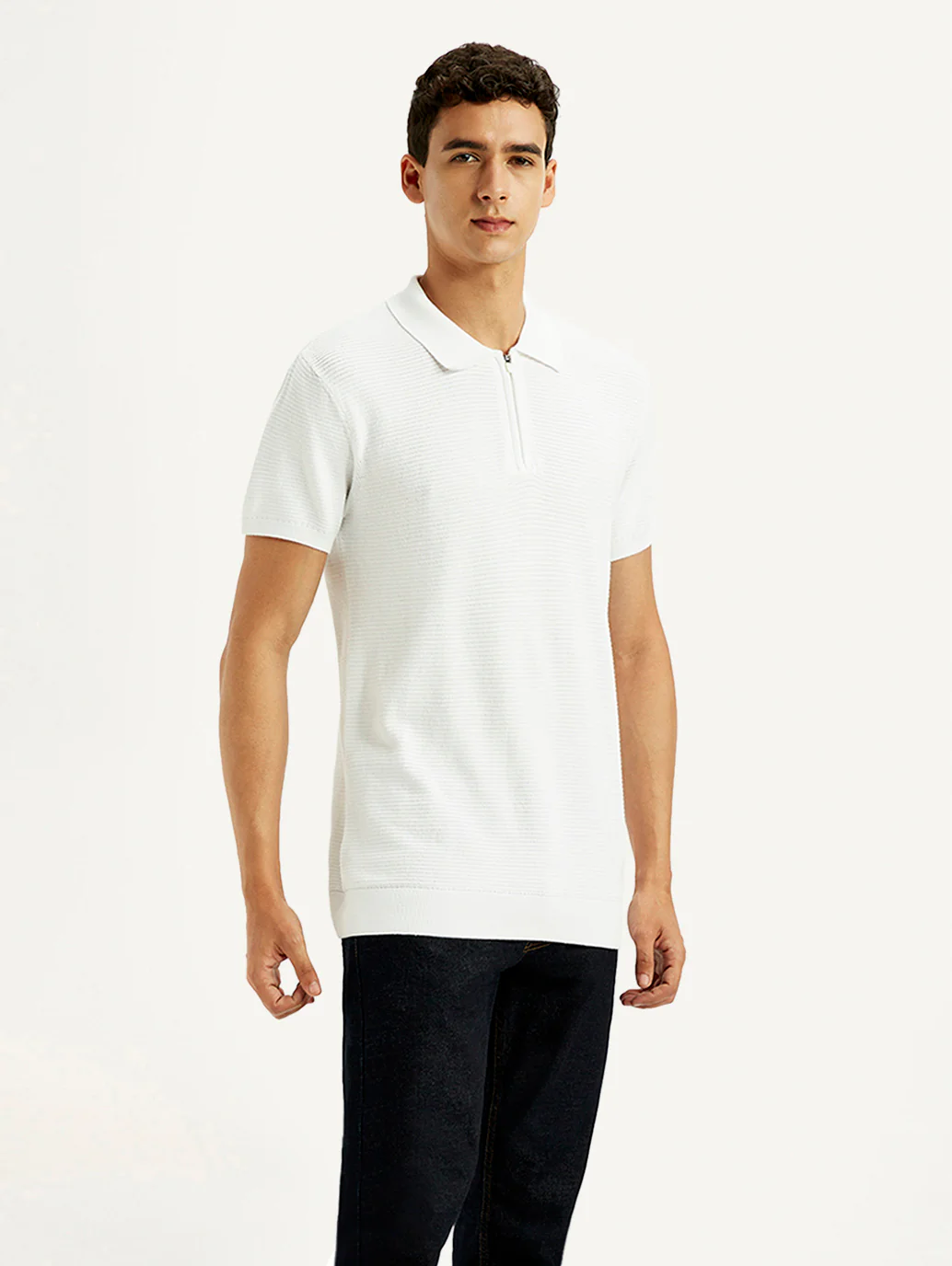 Men's Textured White Slim Fit Polo T-shirt - Image 2