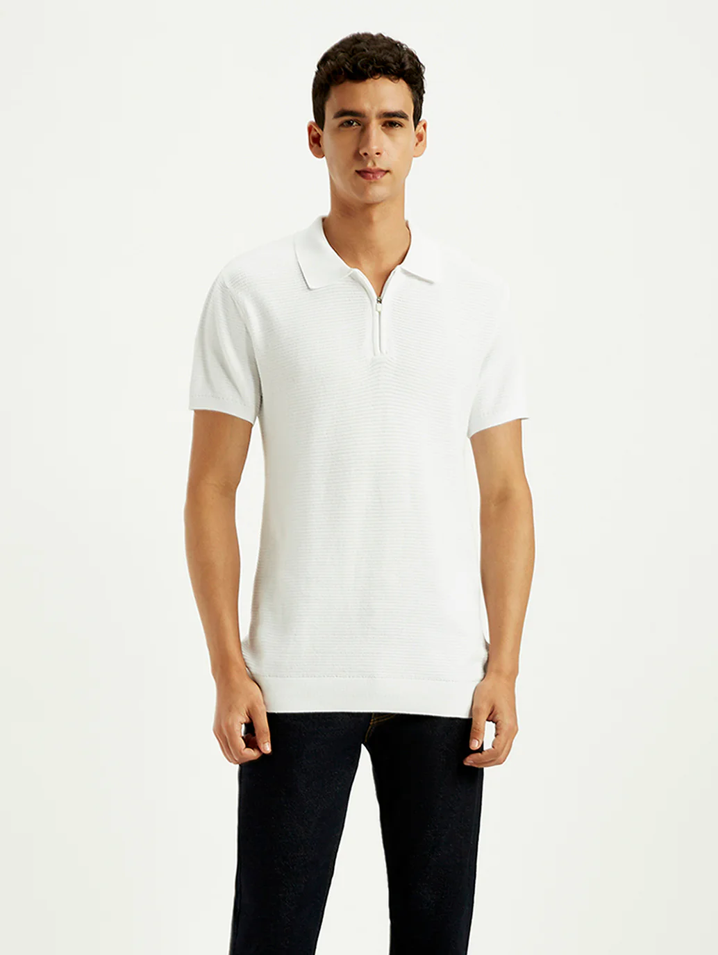 Men's Textured White Slim Fit Polo T-shirt - Image 3