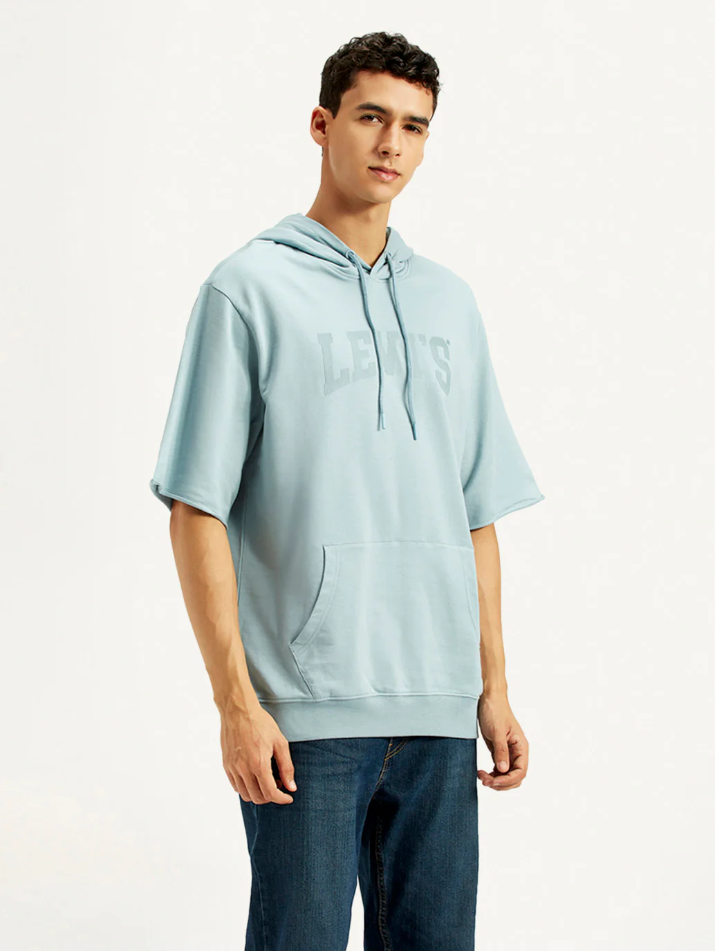 Men's Typographic Print Blue Hooded Sweatshirt - Image 3