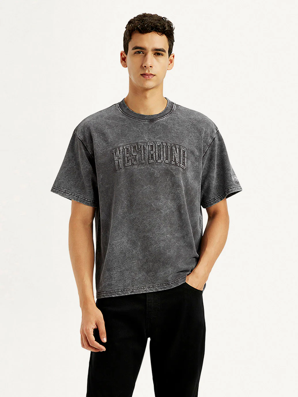 Men's Typographic Print Charcoal Grey Boxy T-shirt - Image 3