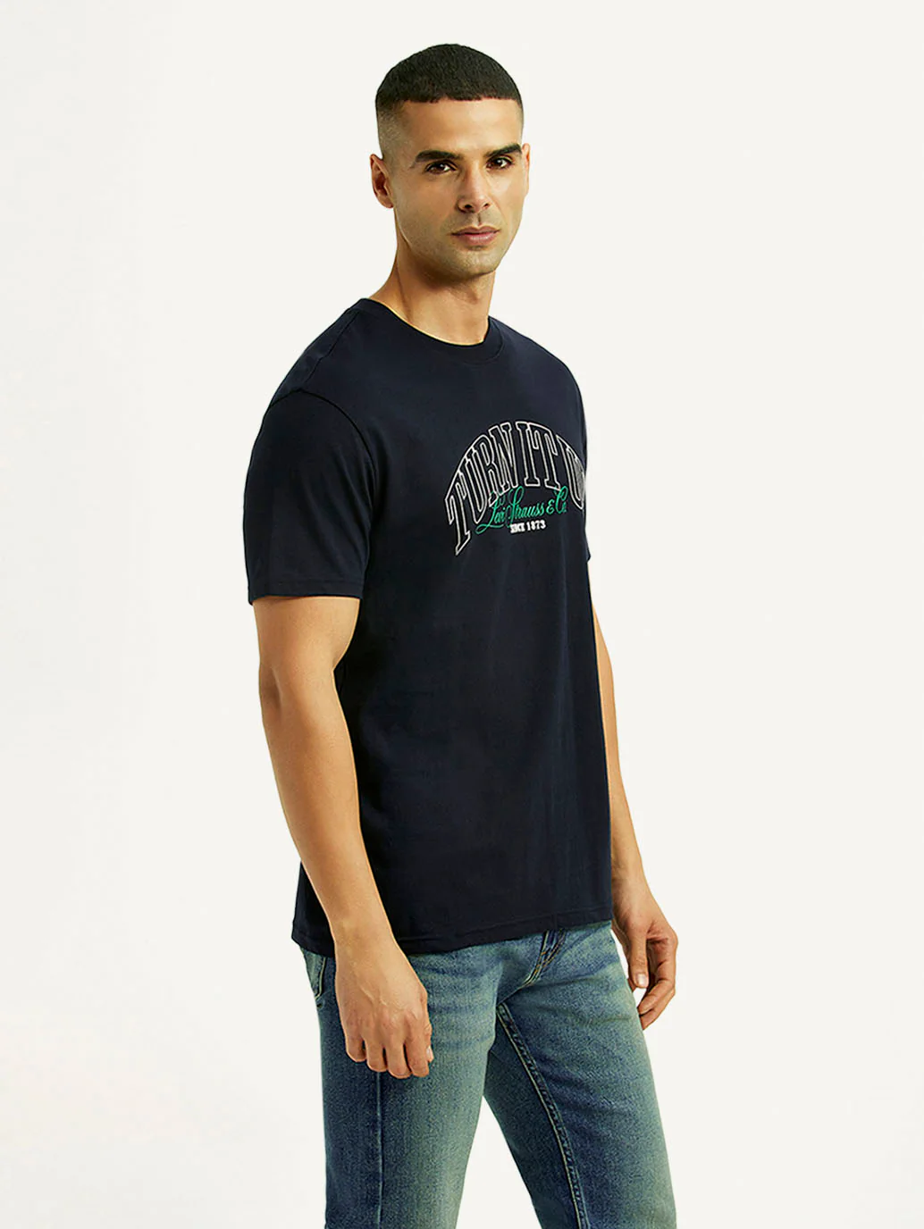 Men's Typographic Print Navy Slim Fit T-shirt - Image 5