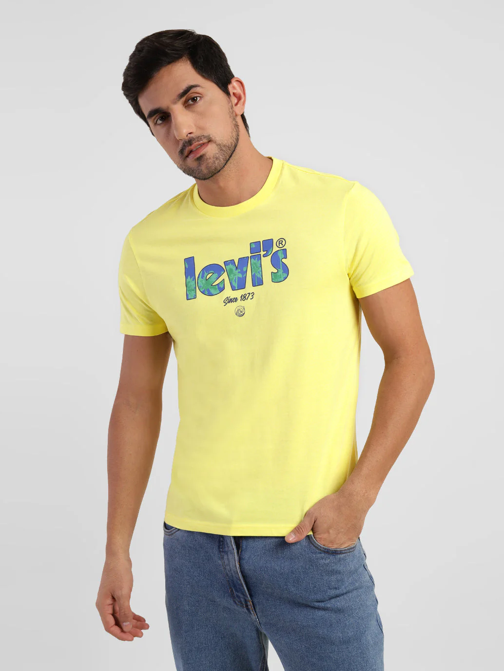 Men's Yellow Brand Logo Printed Crew Neck T-Shirt - Image 2