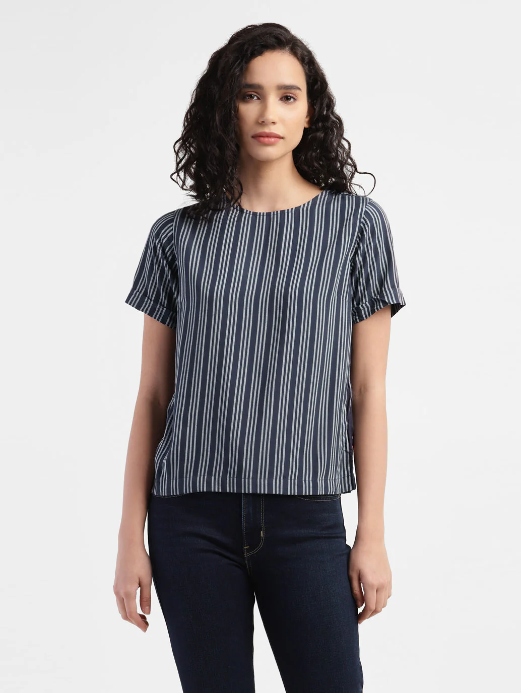 Women's Striped Navy Round Neck Tops - Image 2