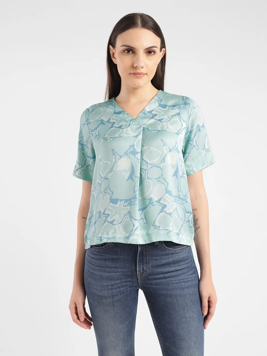 Women's Abstract Blue V Neck Top - Image 2