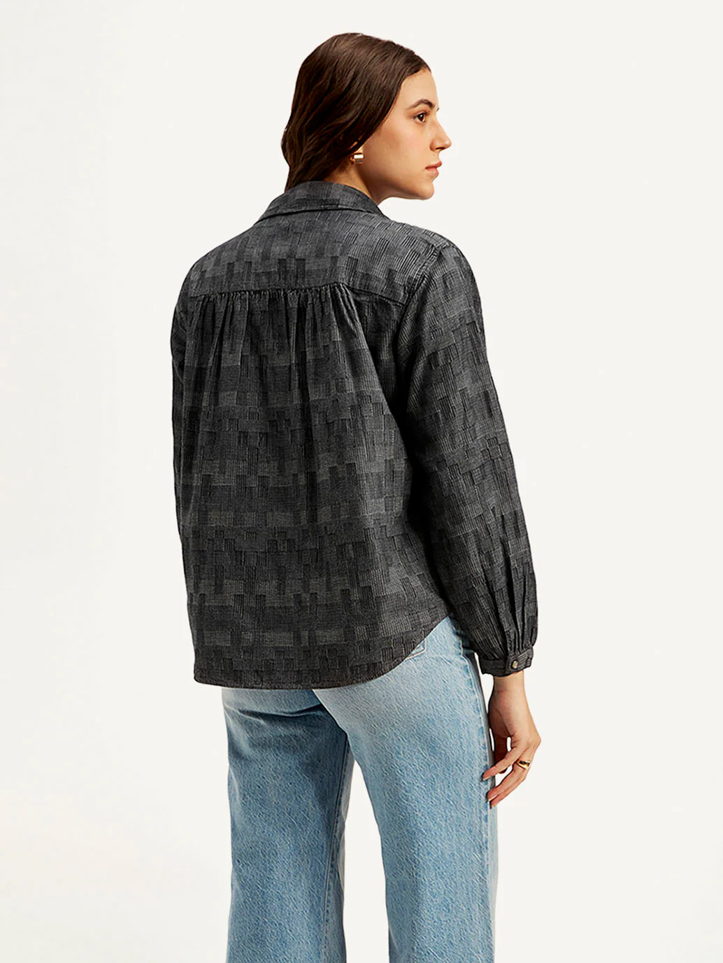 Women's Abstract Charcoal Grey Spread Collar Top - Image 3