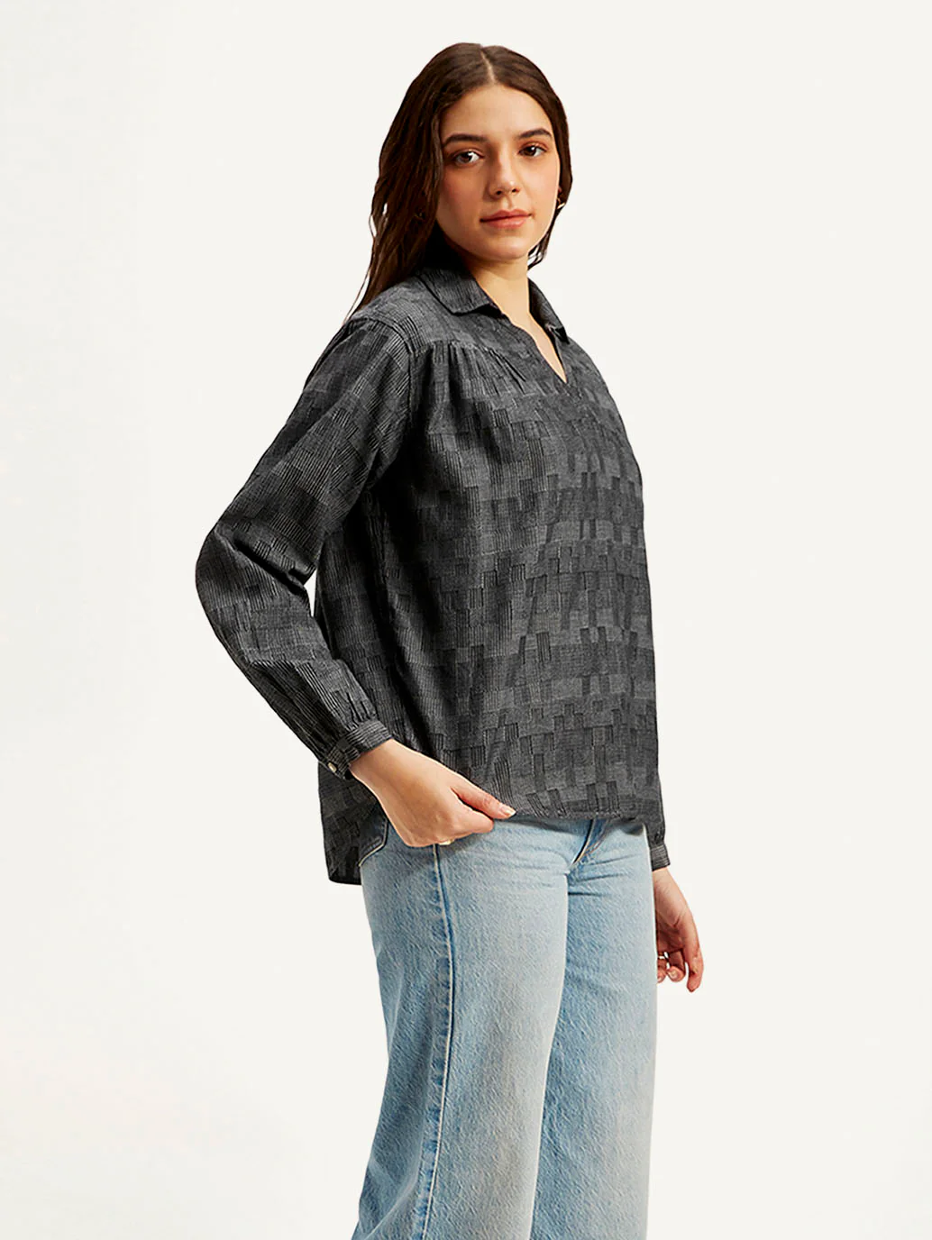 Women's Abstract Charcoal Grey Spread Collar Top - Image 5