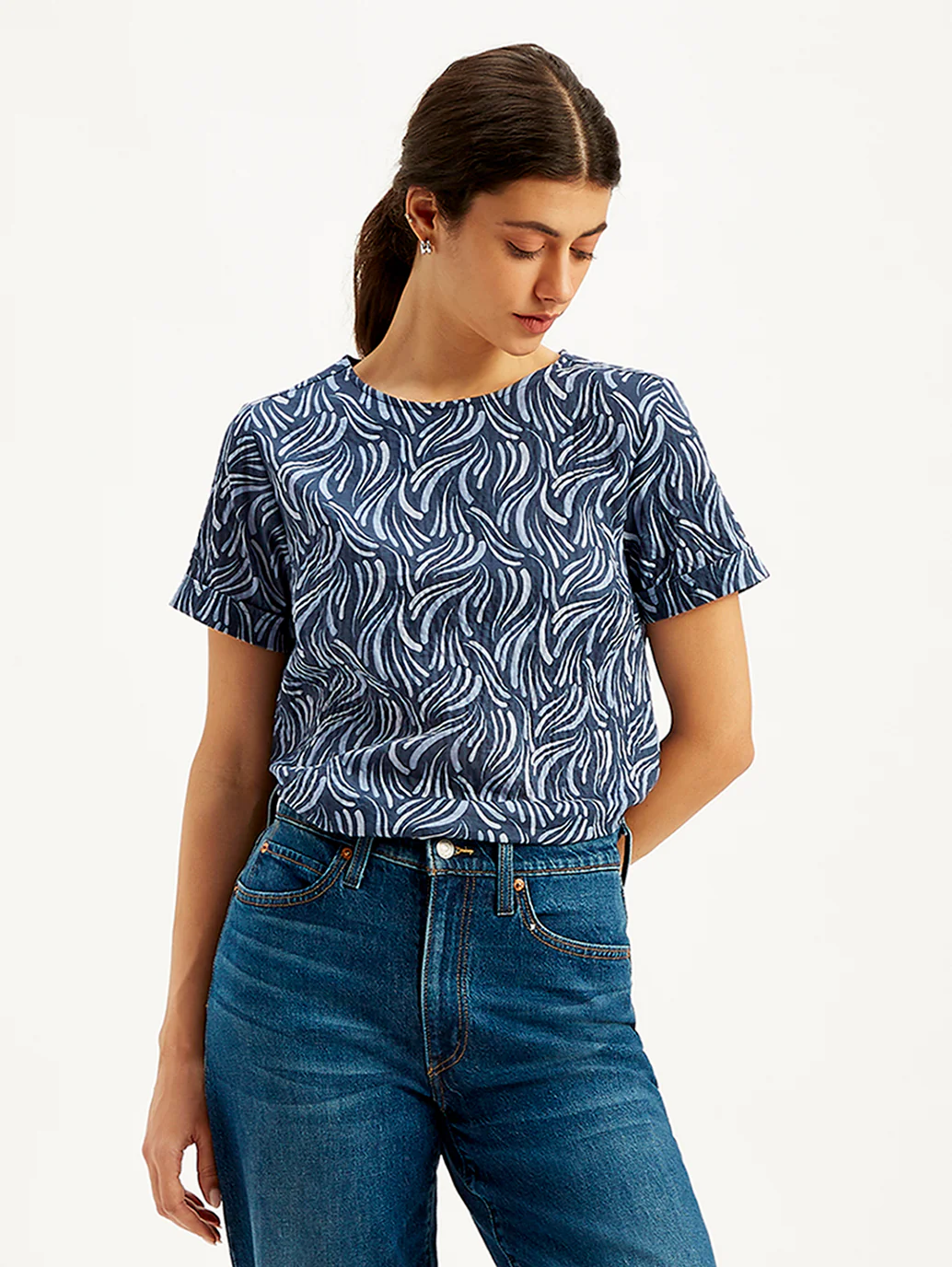 Women's Abstract Print Navy Blue Round Neck Top - Image 3