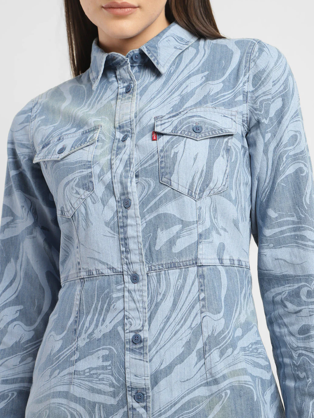 Women's Printed Spread Collar Denim Dress - Image 5