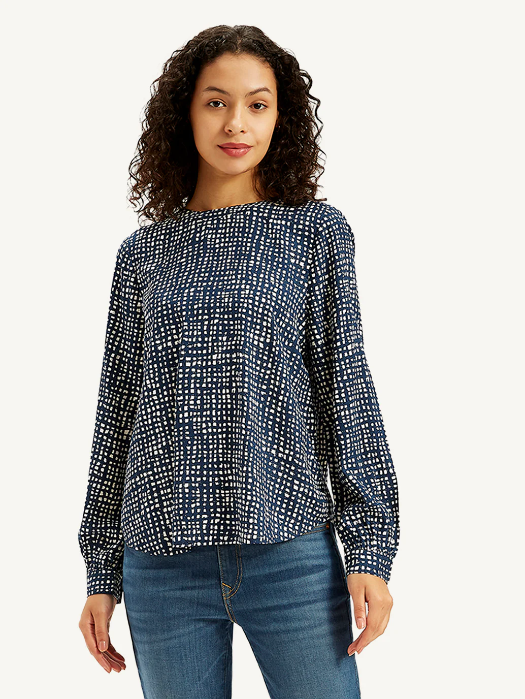 Women's All Over Print Navy Round Neck Top - Image 2