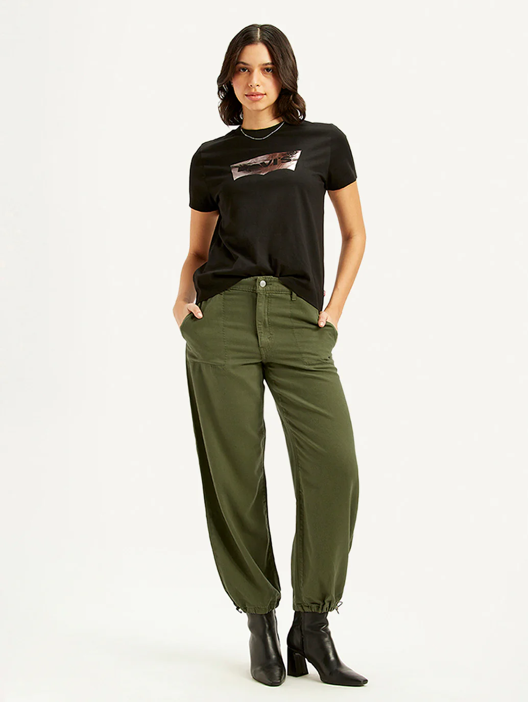 Women's Green Baggy Dad Fit Mid Rise Jeans