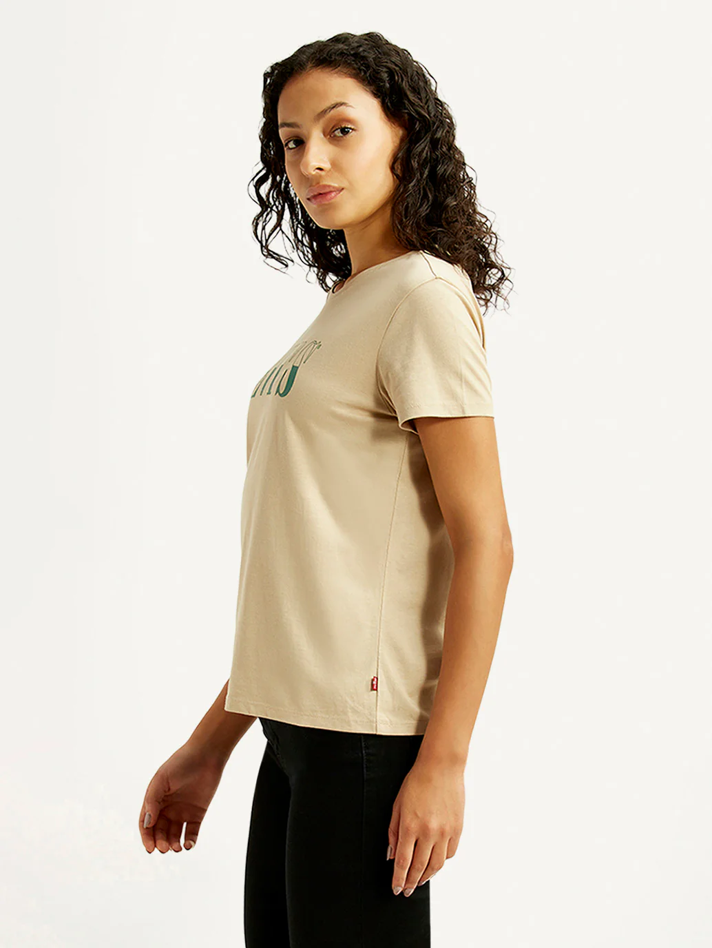Women's Brand Logo Beige Crew Neck T-shirt - Image 3