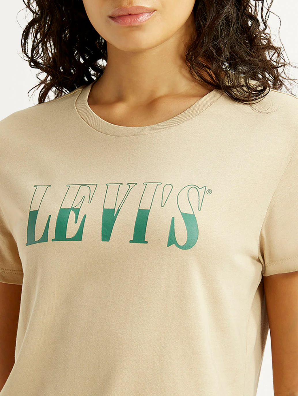 Women's Brand Logo Beige Crew Neck T-shirt - Image 4