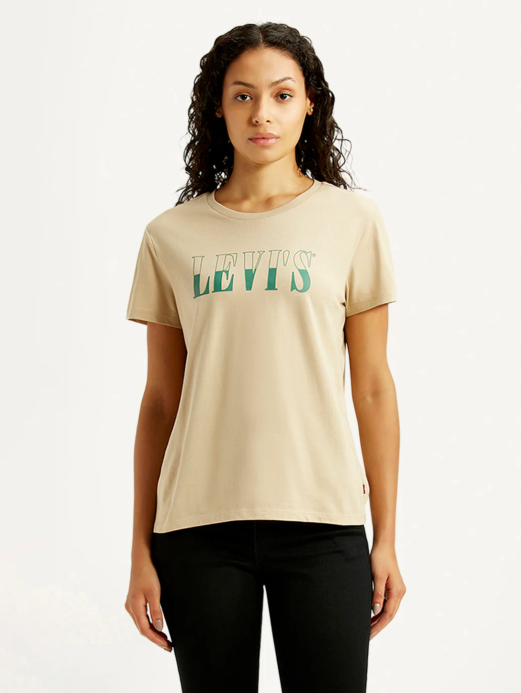 Women's Brand Logo Beige Crew Neck T-shirt - Image 5