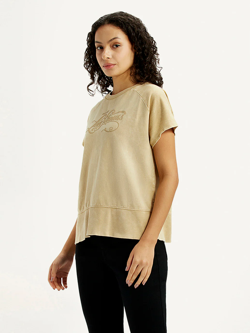 Women's Brand Logo Beige Relaxed Fit T-shirt - Image 5