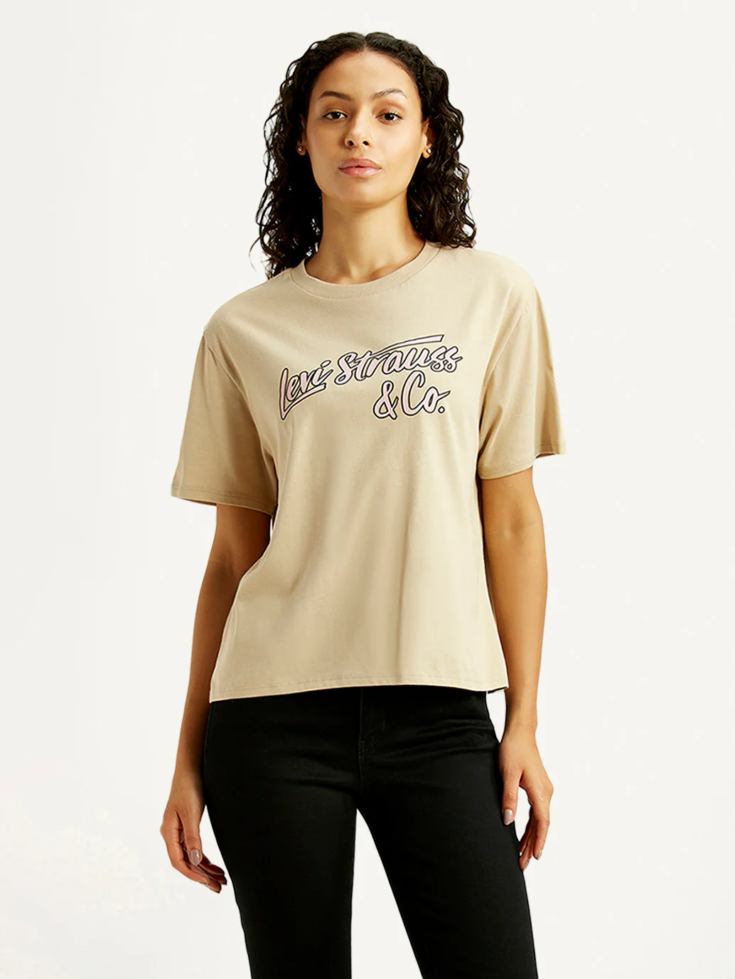 Women's Brand Logo Beige Relaxed Fit T-shirt - Image 2