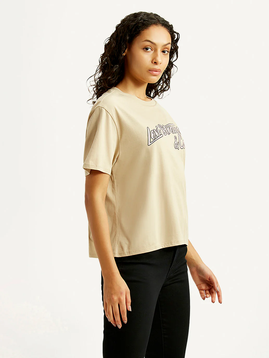 Women's Brand Logo Beige Relaxed Fit T-shirt - Image 5
