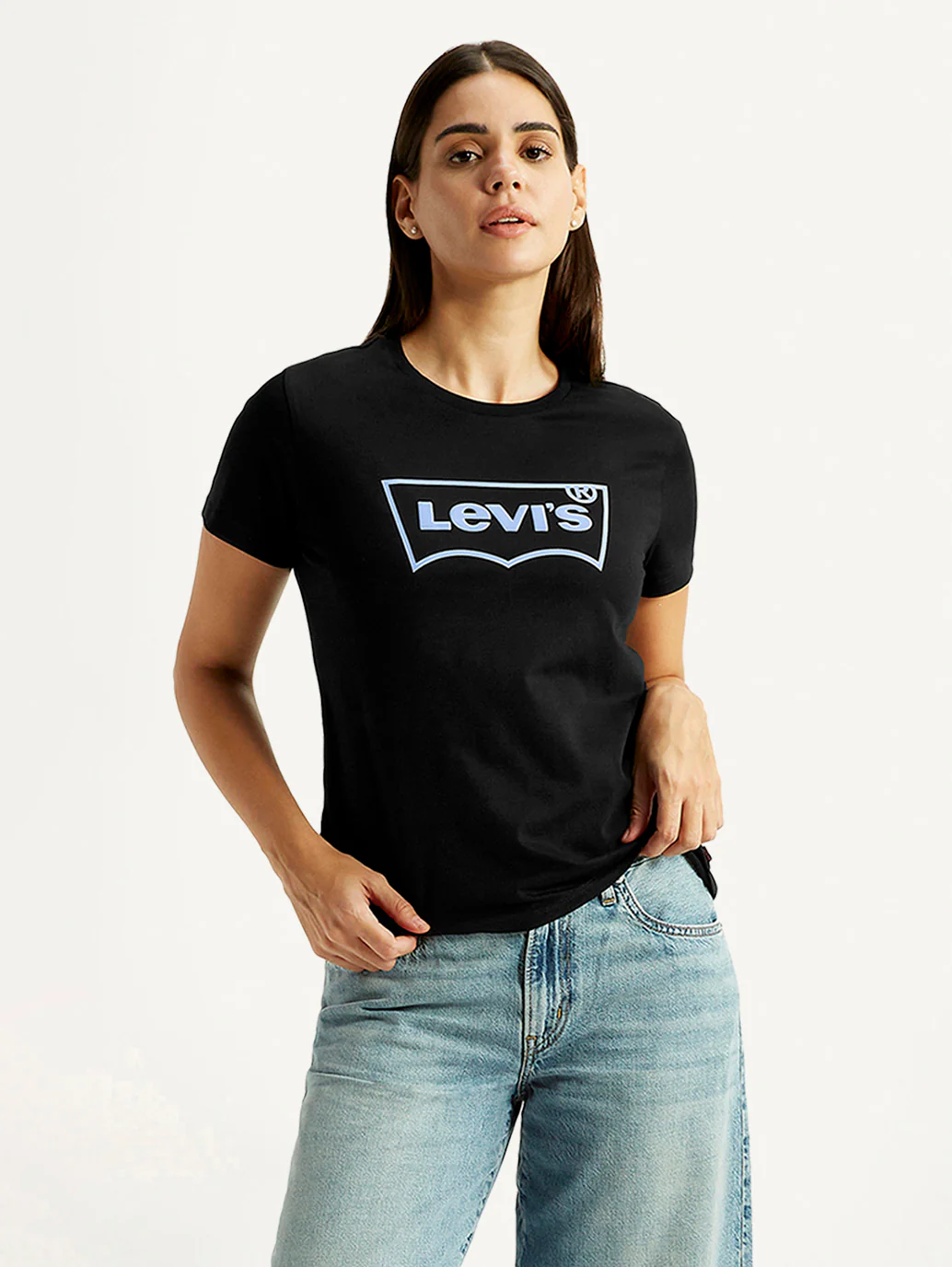 Women's Brand Logo Black Round Neck T-shirt