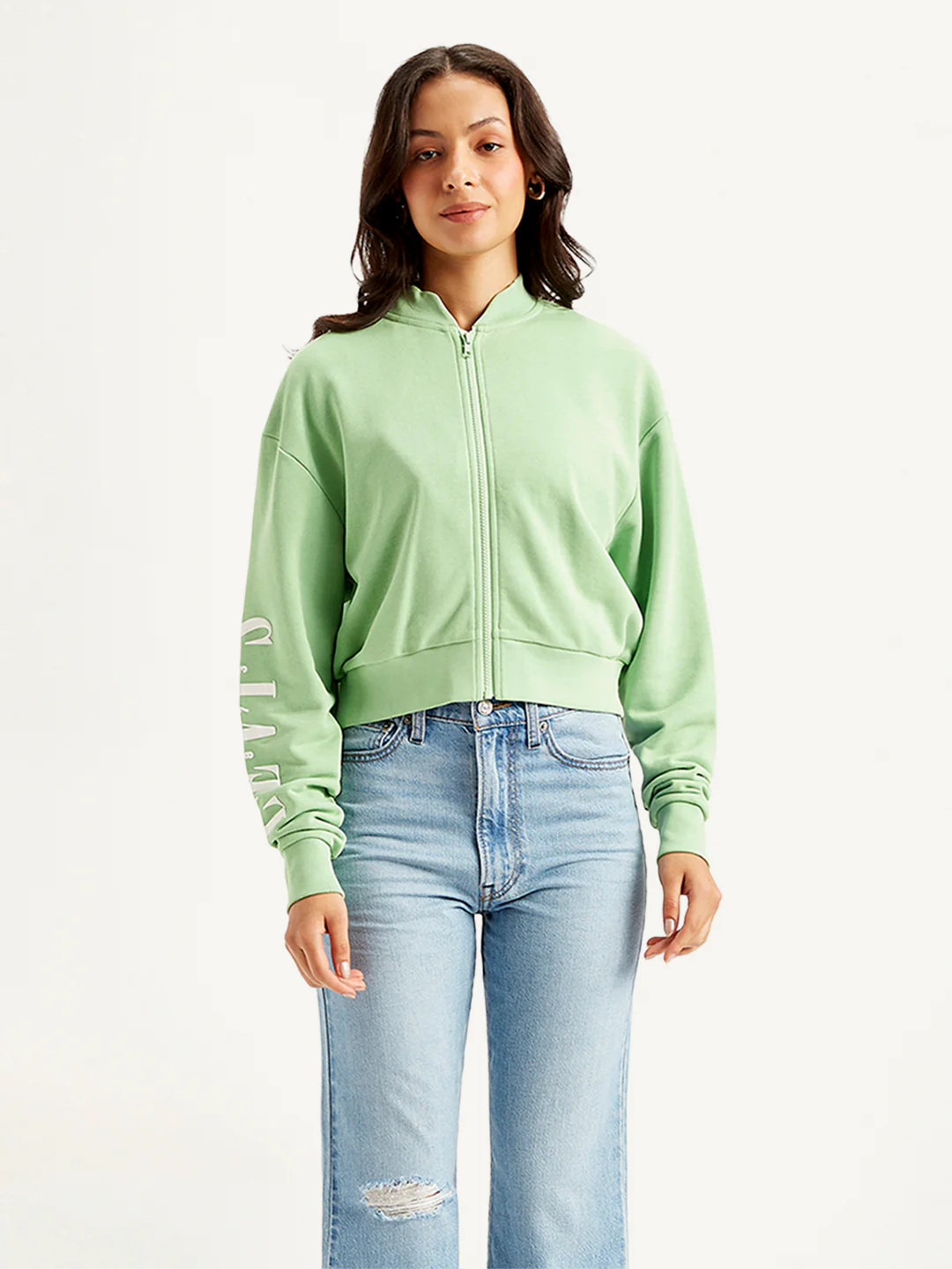 Women's Brand Logo Green Baseball Collar Neck Sweatshirt - Image 2