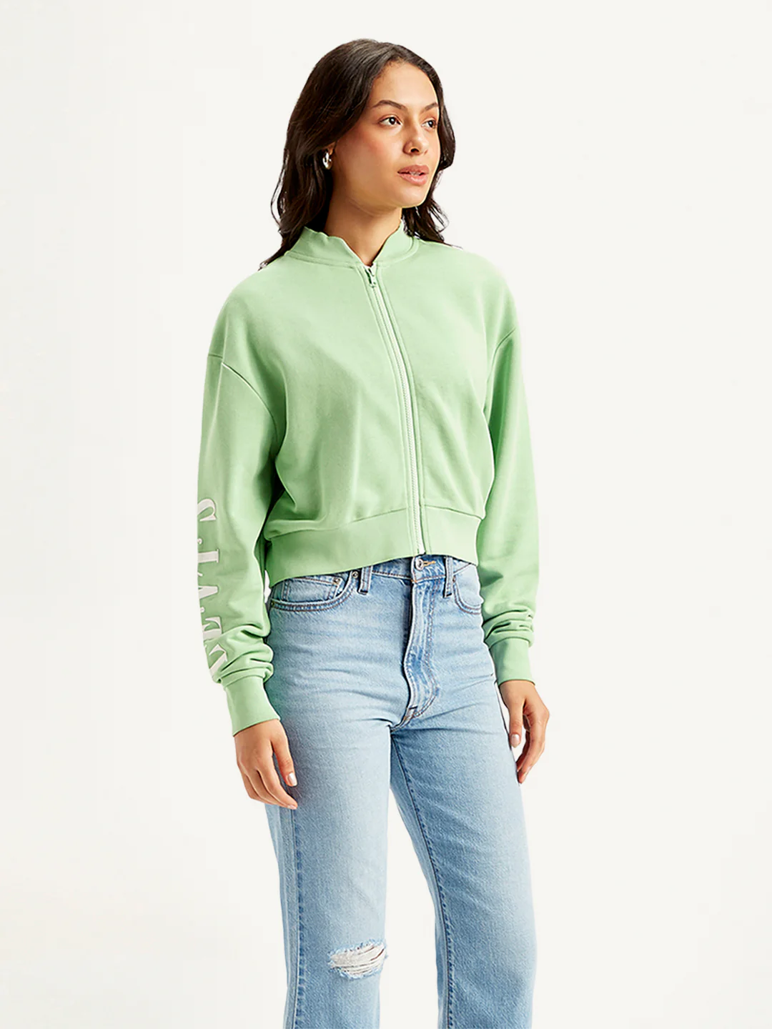 Women's Brand Logo Green Baseball Collar Neck Sweatshirt - Image 4