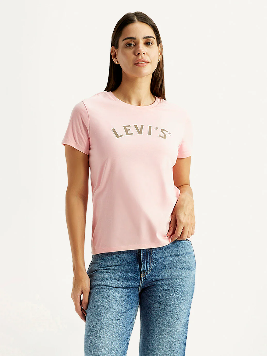 Women's Brand Logo Light Pink Round Neck Relaxed Fit T-shirt