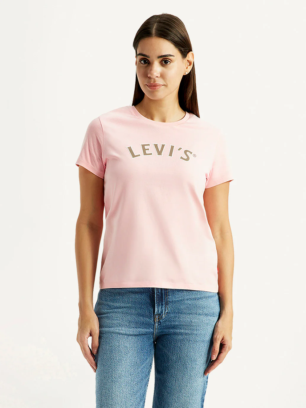 Women's Brand Logo Light Pink Round Neck Relaxed Fit T-shirt - Image 2