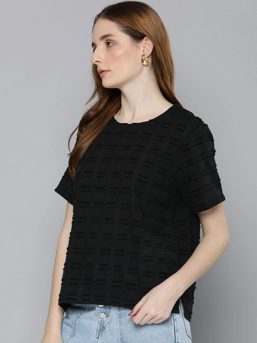 Women's Checked Round Neck T-shirt - Image 3