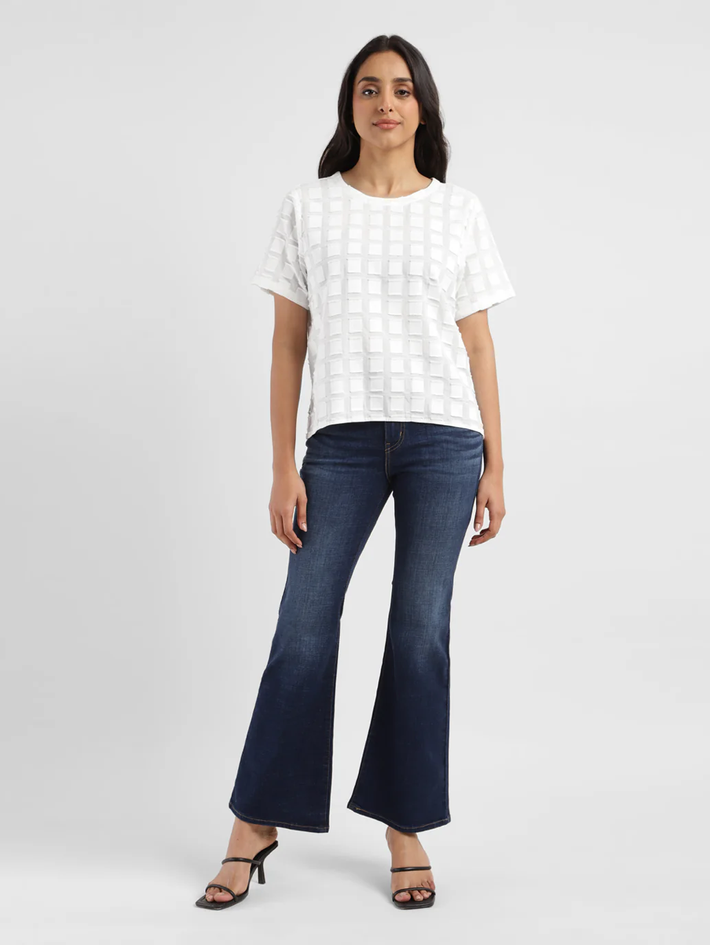 Women's Checked White Round Neck Top - Image 2