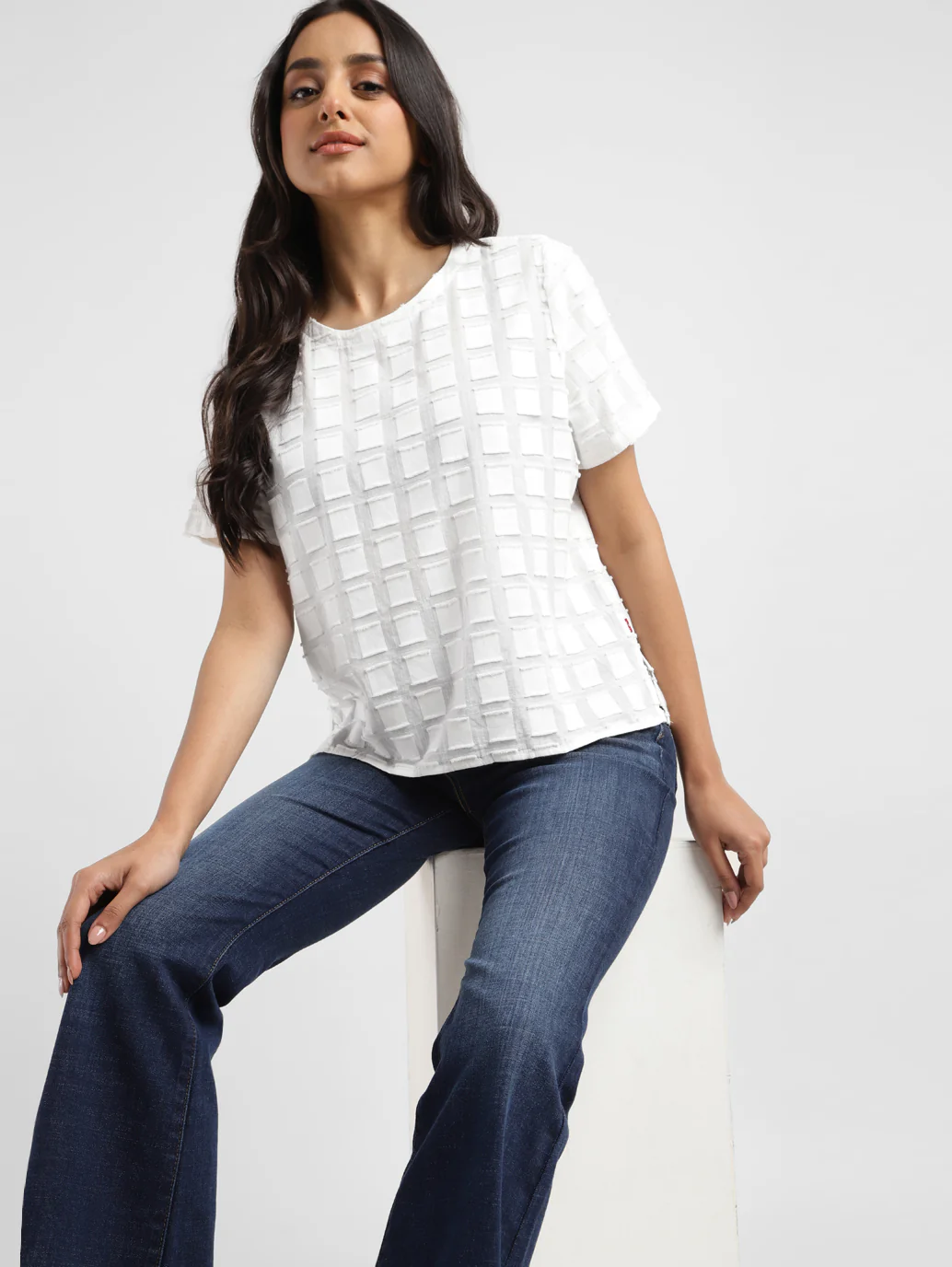 Women's Checked White Round Neck Top - Image 3