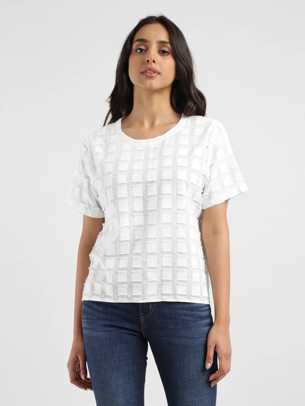 Women's Checked White Round Neck Top - Image 4