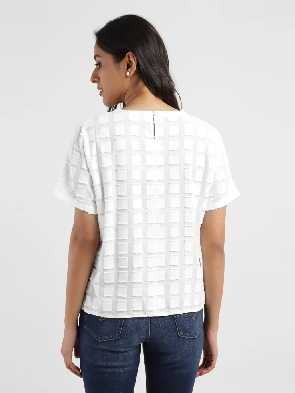 Women's Checked White Round Neck Top - Image 5