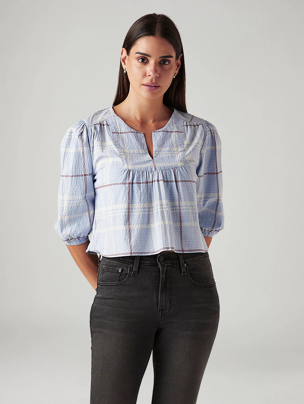 Women's Checkered Light Blue V-Neck Top - Image 2