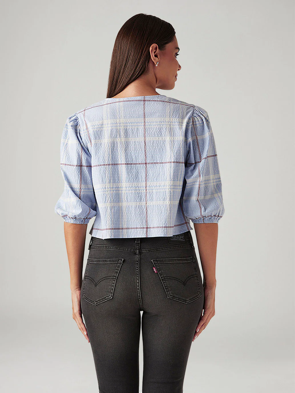 Women's Checkered Light Blue V-Neck Top - Image 3