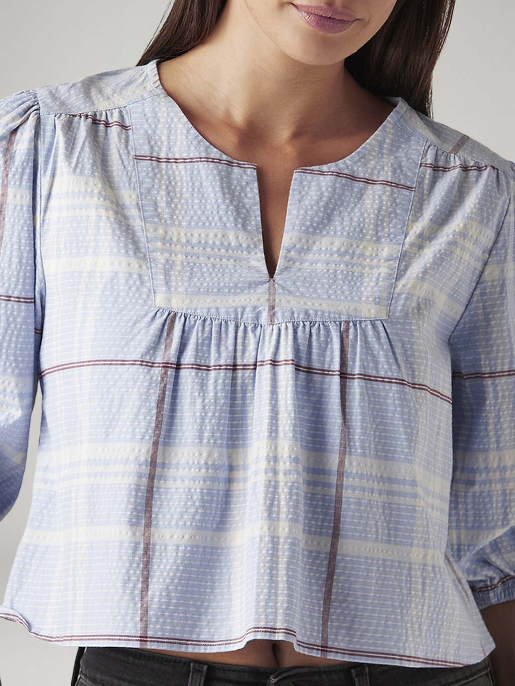 Women's Checkered Light Blue V-Neck Top - Image 4