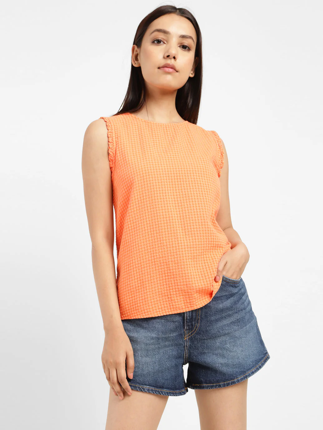 Women's Checkered Orange Round Neck Top - Image 2