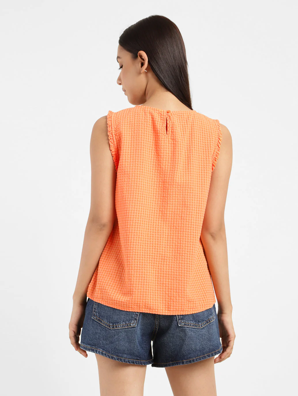 Women's Checkered Orange Round Neck Top - Image 3