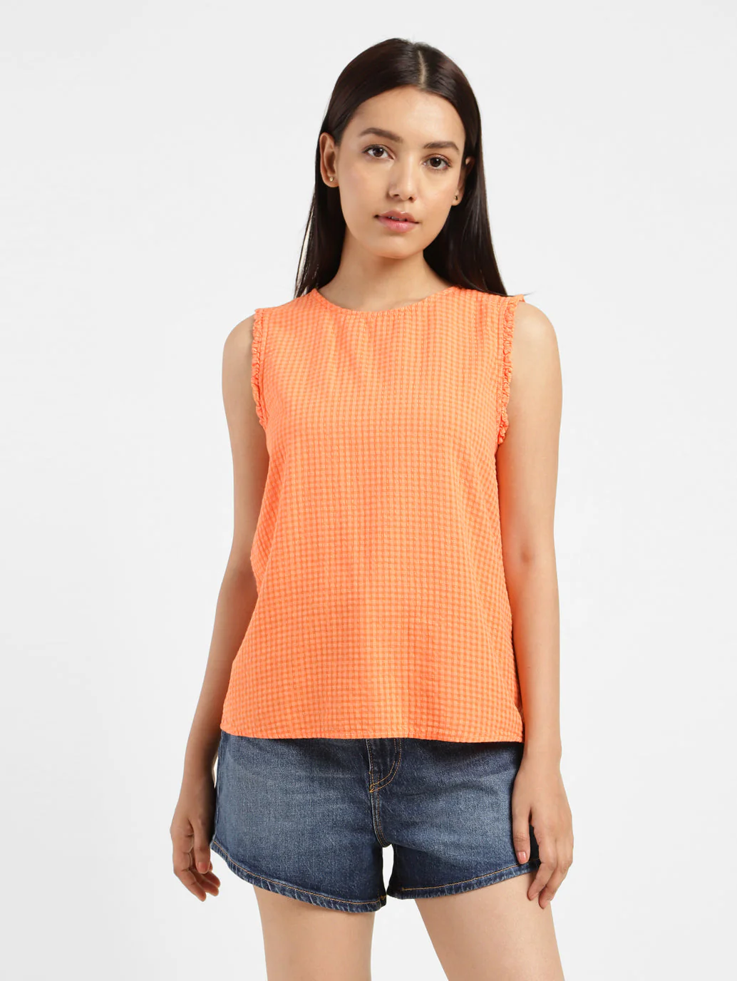 Women's Checkered Orange Round Neck Top - Image 4