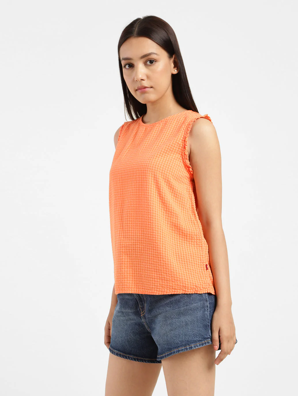 Women's Checkered Orange Round Neck Top - Image 5