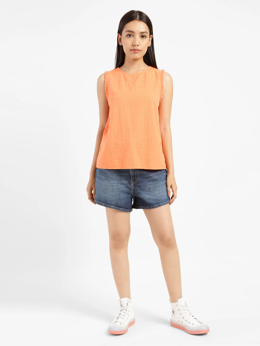 Women's Checkered Orange Round Neck Top - Image 6