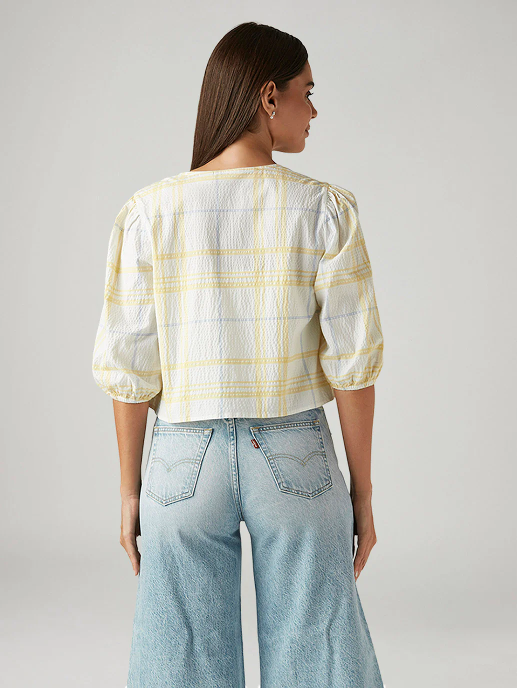 Women's Checkered White V-Neck Top - Image 3