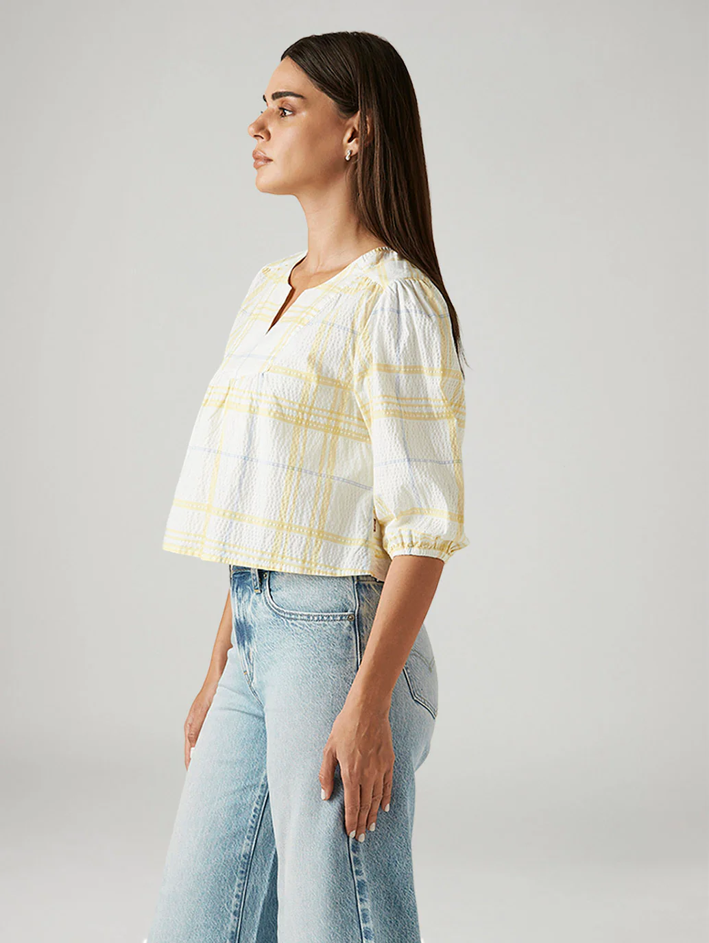 Women's Checkered White V-Neck Top - Image 5