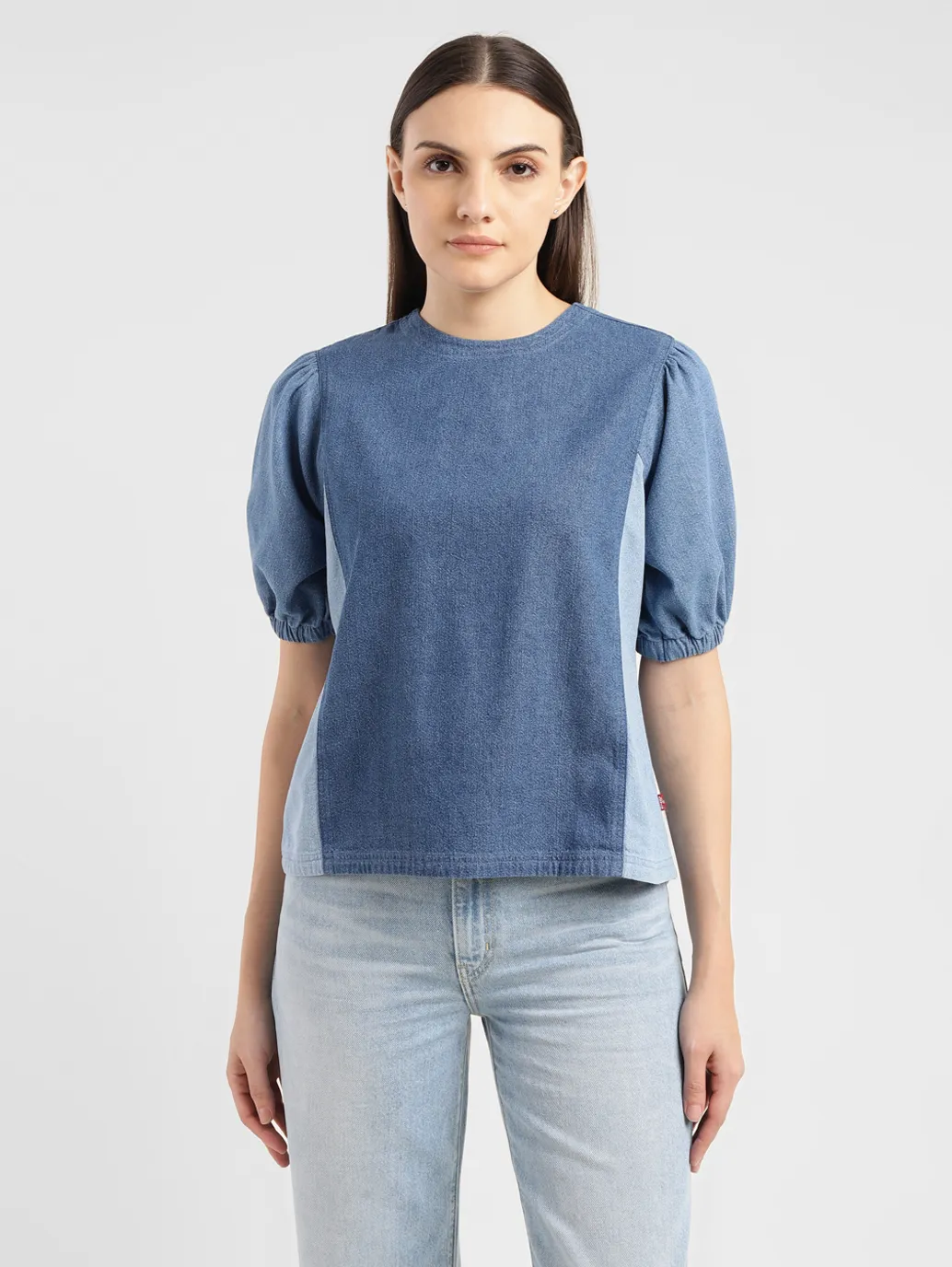 Women's Colorblock Indigo Round Neck Denim Top - Image 2
