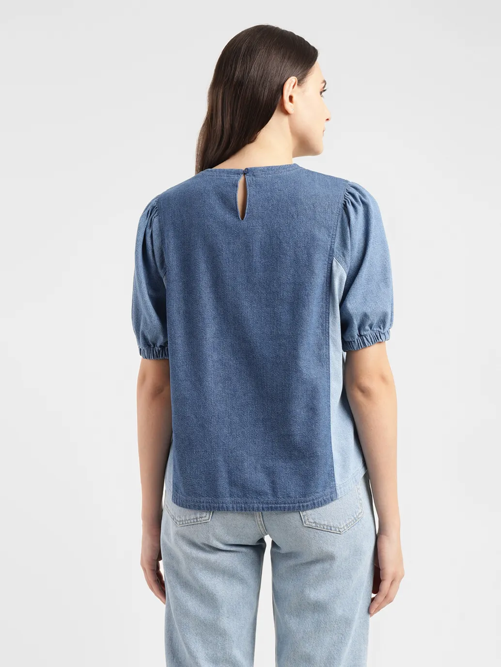 Women's Colorblock Indigo Round Neck Denim Top - Image 3