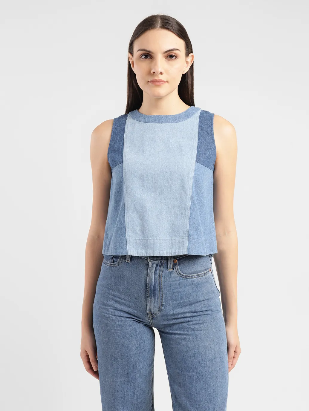 Women's Colorblock Mid Indigo Round Neck Top - Image 2