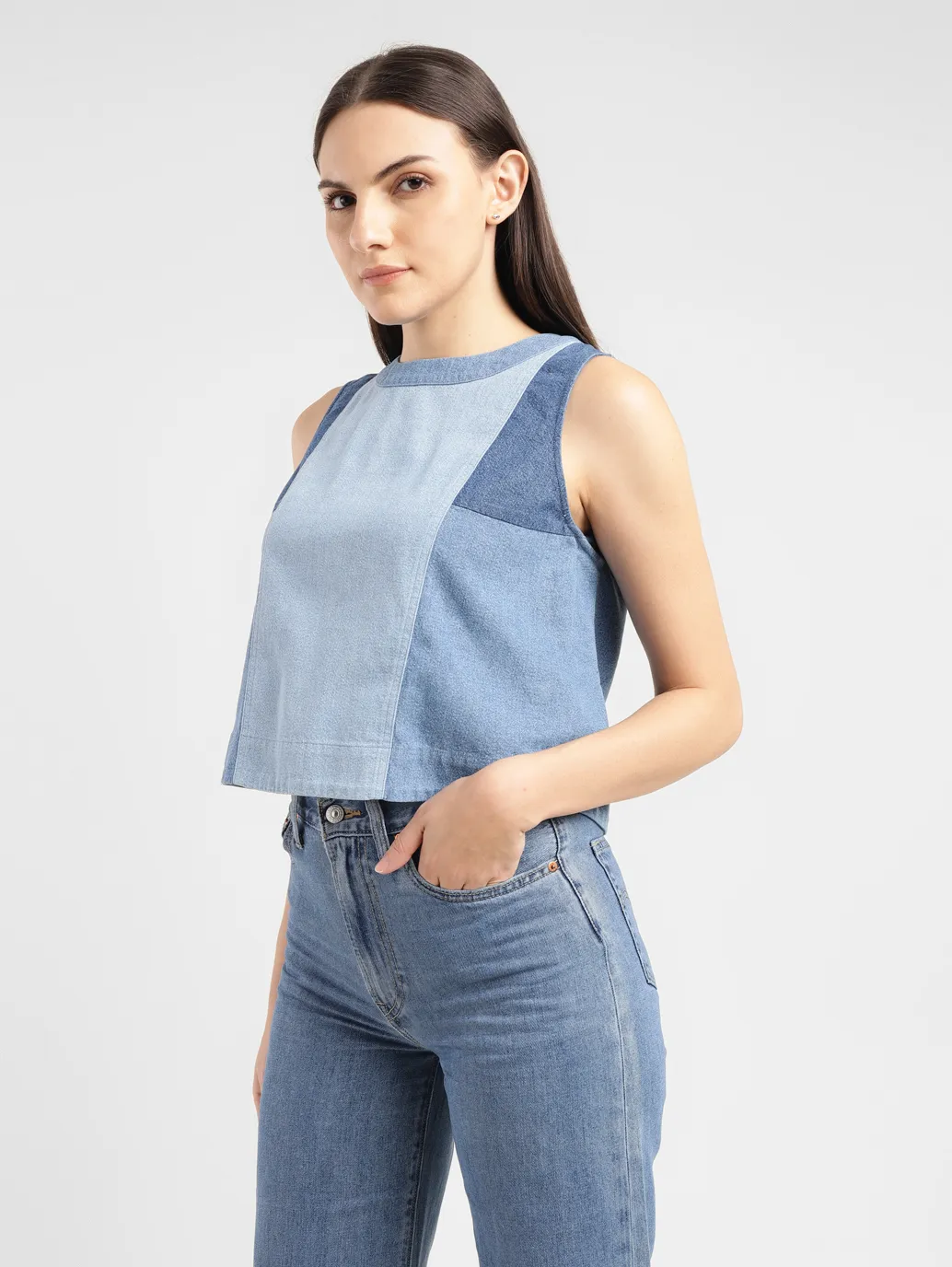 Women's Colorblock Mid Indigo Round Neck Top - Image 4