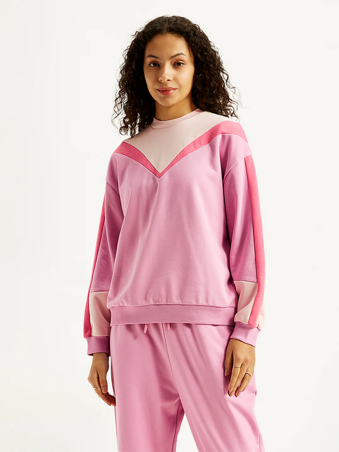 Women's Colorblock Pink Crew Neck Sweatshirt - Image 4