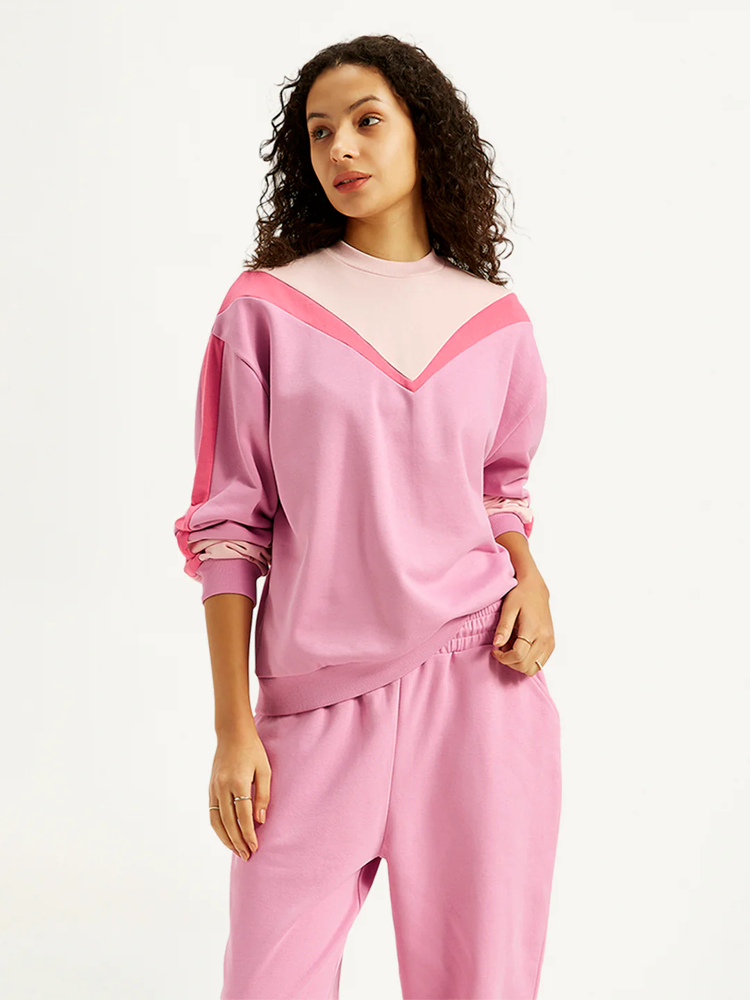 Women's Colorblock Pink Crew Neck Sweatshirt - Image 5