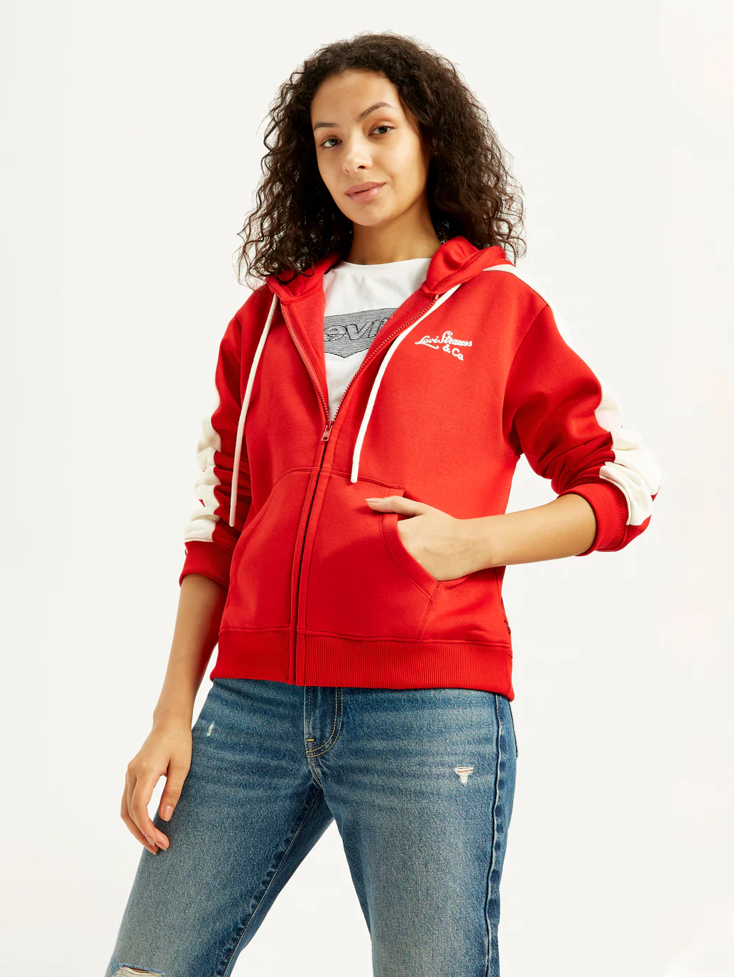 Women's Colorblock Red Hooded Sweatshirt - Image 2