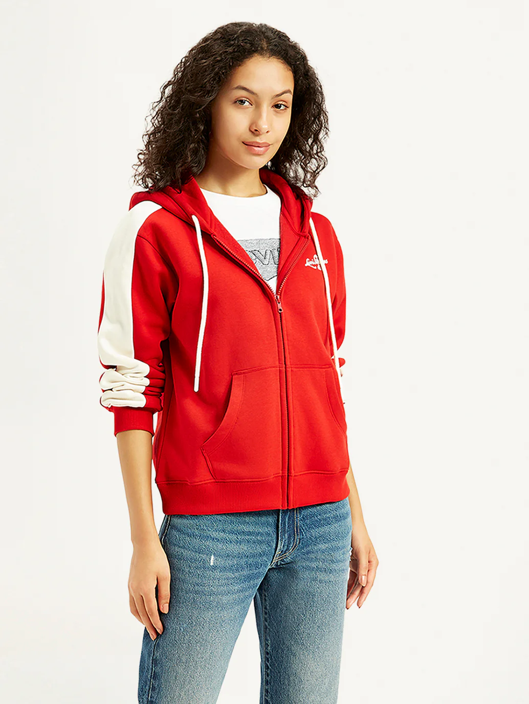 Women's Colorblock Red Hooded Sweatshirt - Image 3