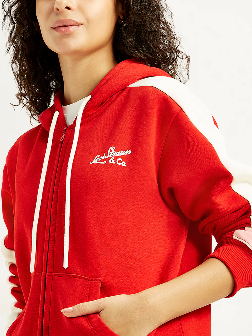 Women's Colorblock Red Hooded Sweatshirt - Image 6